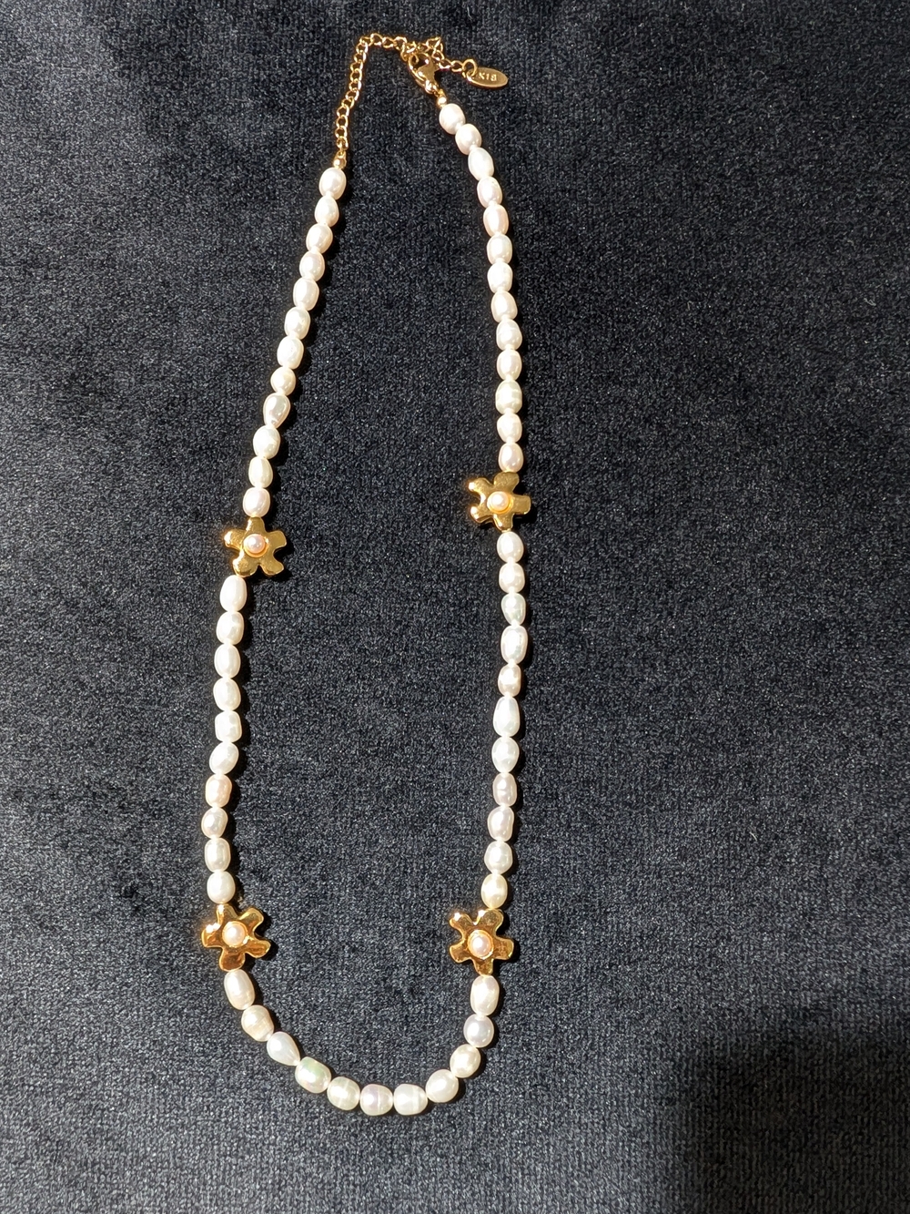 White Faux Pearl Beaded Necklace Yellow Gold Tone Flower Charms